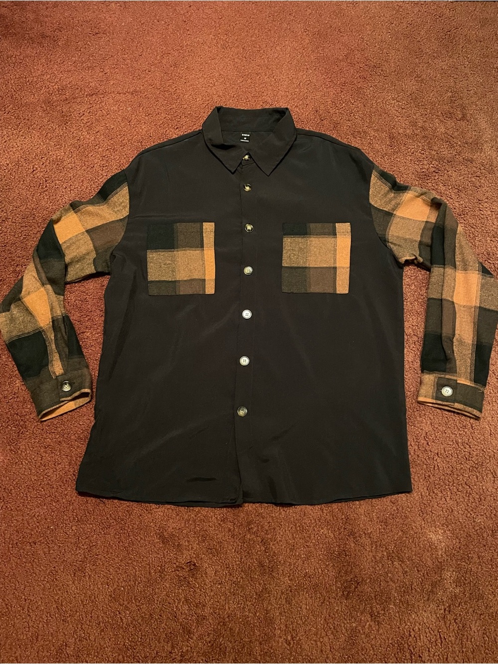 Black Button-Down Shirt with Tan Plaid Sleeves